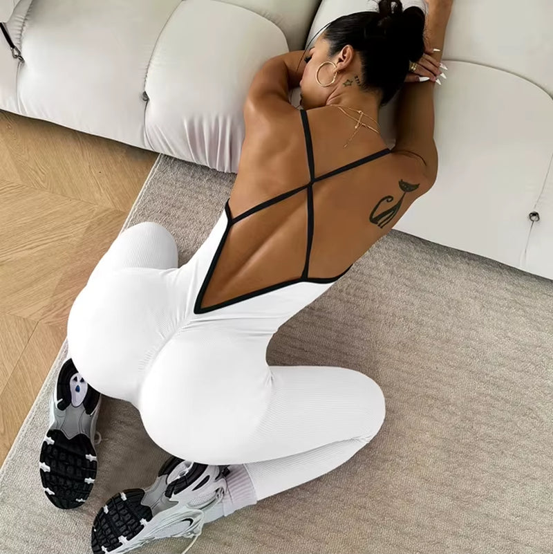 Seamless Yoga Jumpsuit Women Gym Set Spaghetti Strap Leisure Workout Gym Leggings Padded Bra One-Piece Fitness Bodysuits