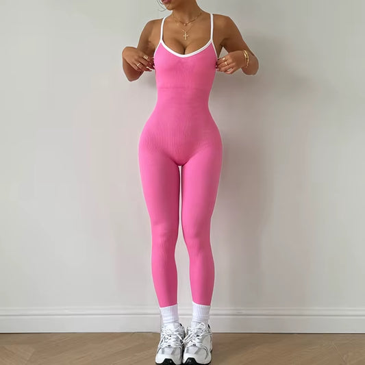 Seamless Yoga Jumpsuit Women Gym Set Spaghetti Strap Leisure Workout Gym Leggings Padded Bra One-Piece Fitness Bodysuits
