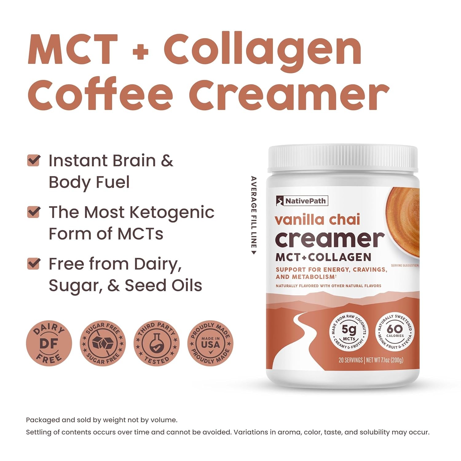 Keto Coffee Creamer Powder Vanilla Chai — Keto-Friendly, Non-Dairy & Low Sugar Creamer. Made with Grass-Fed Collagen Protein Powder, MCT Oil & Monk Fruit. Soy & Gluten Free (7.1 OZ)