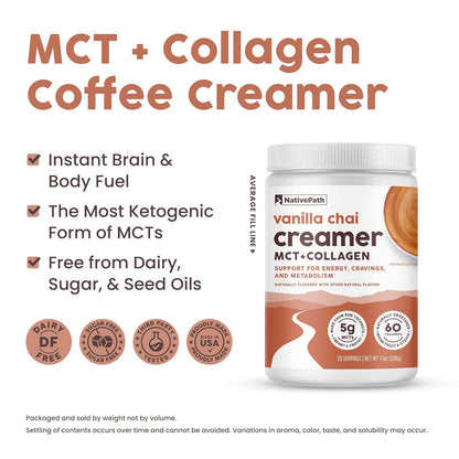Keto Coffee Creamer Powder Vanilla Chai — Keto-Friendly, Non-Dairy & Low Sugar Creamer. Made with Grass-Fed Collagen Protein Powder, MCT Oil & Monk Fruit. Soy & Gluten Free (7.1 OZ)