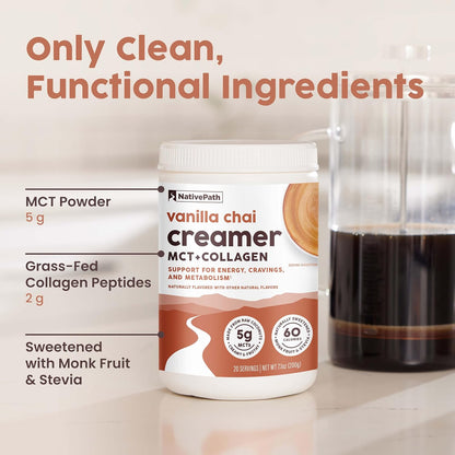 Keto Coffee Creamer Powder Vanilla Chai — Keto-Friendly, Non-Dairy & Low Sugar Creamer. Made with Grass-Fed Collagen Protein Powder, MCT Oil & Monk Fruit. Soy & Gluten Free (7.1 OZ)