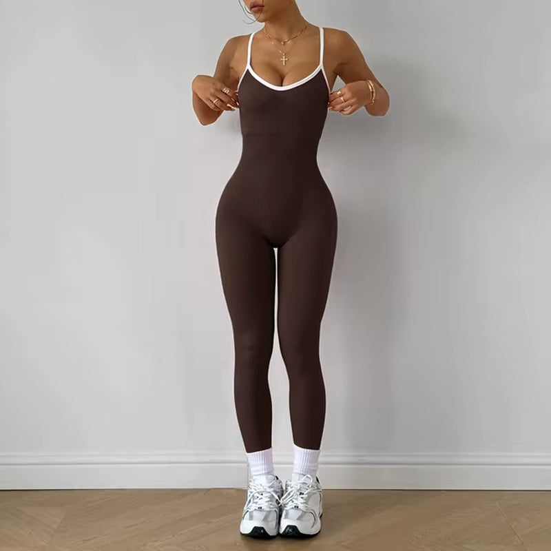 Seamless Yoga Jumpsuit Women Gym Set Spaghetti Strap Leisure Workout Gym Leggings Padded Bra One-Piece Fitness Bodysuits
